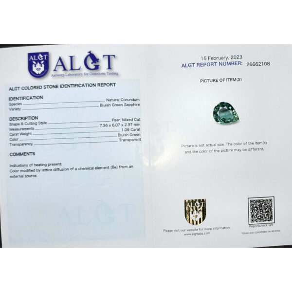 ALGT Certified Natural Bluish Green Sapphire 1.09 ct - Image 5