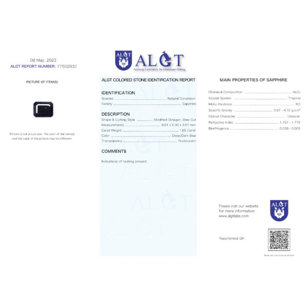 ALGT Certified Blue Sapphire 1.65 ct. - Image 8