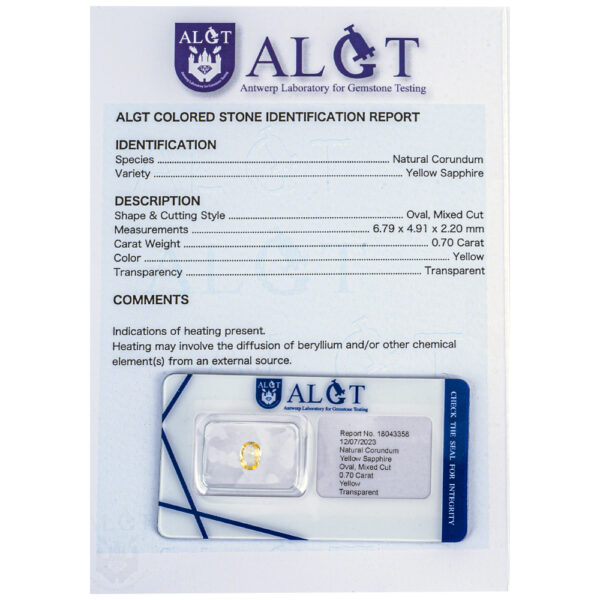 ALGT Certified Yellow Sapphire 0.70 ct. - Image 5