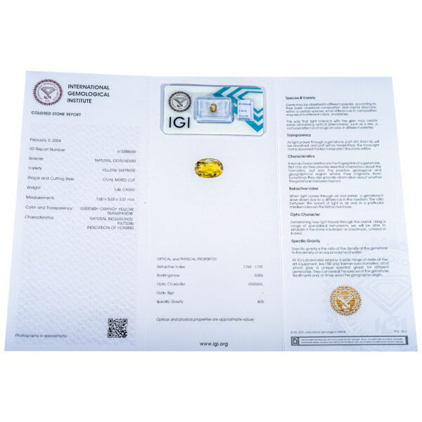 IGI Certificate Natural Yellow Sapphire 1.46 ct. - Image 5