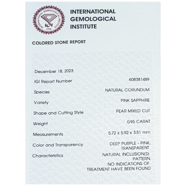 IGI Certificate No Treatment Natural Pink Sapphire 0.95 ct. - Image 11