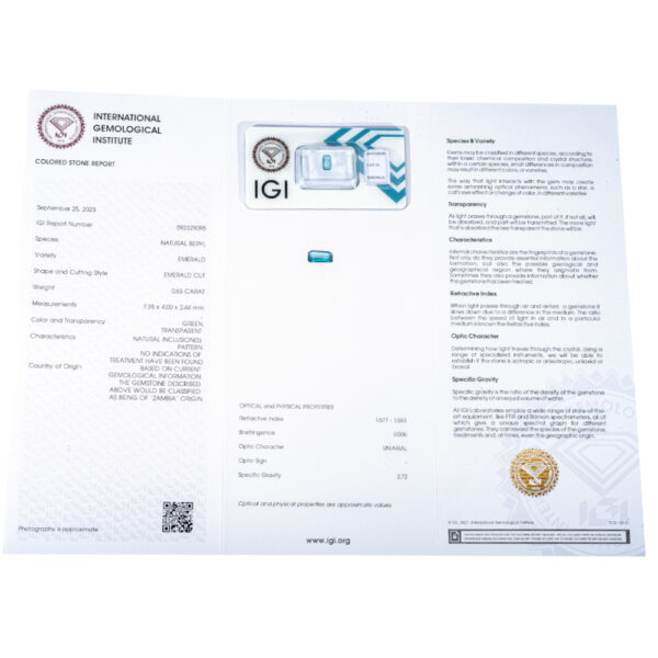 IGI Certificate No Treatment Natural Zambia Emerald 0.63 ct. - Image 13