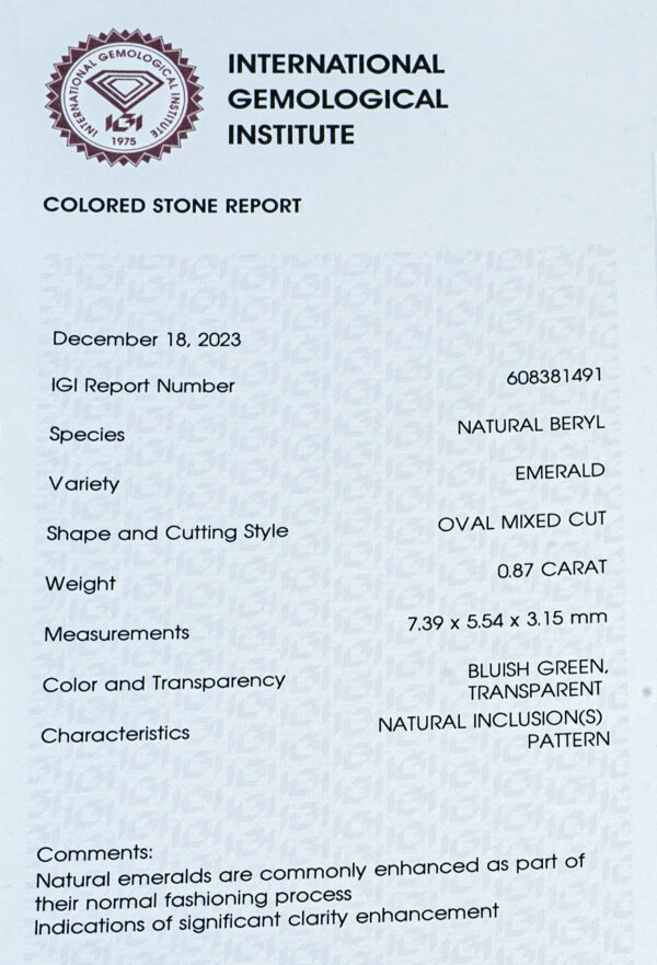 IGI Certificate Natural Emerald 0.87 ct. - Image 12