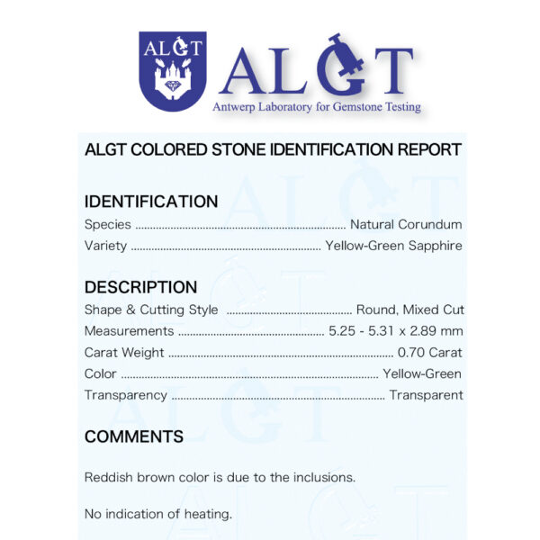 ALGT Certificate Natural No Treatment Yellow - Green Sapphire 0.70 ct. - Image 12