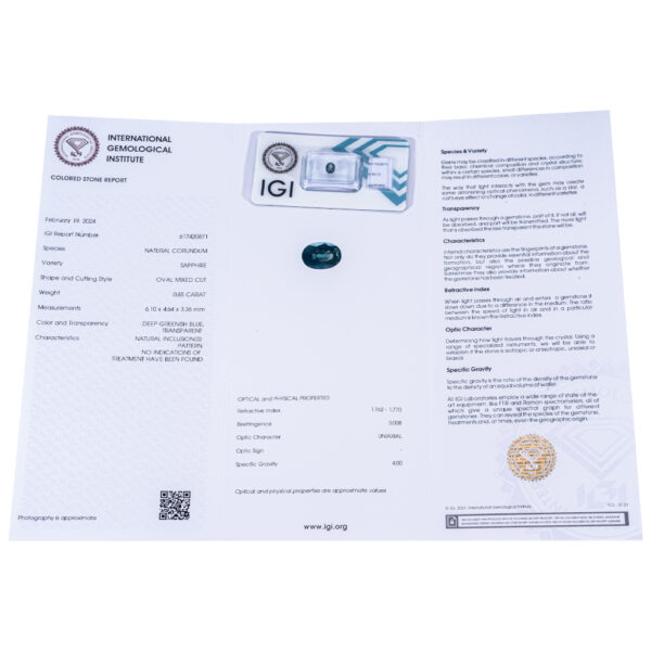 IGI Certificate No Treatment Natural Blue Sapphire 0.85 ct. - Image 2